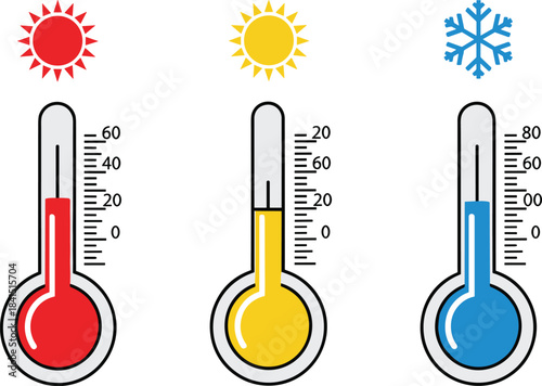 Thermometer icon set showing hot, moderate, and cold weather, climate temperature measurement, winter, summer, and heat forecast.