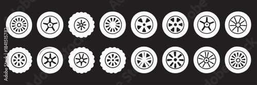 Black rubber wheel tire set. Wheel tires. Car tire tread tracks, motorcycle racing wheels and dirty tires track. Tyres road maintenance vector automobile. Auto wheel tyre. Vector illustration