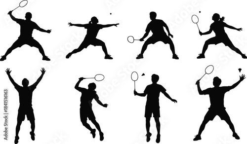 Dynamic Badminton Player Silhouettes Vector Set, Action Poses of Athletes Performing Smashes and Jumps, Black and White Sport Graphic Illustration for Tournament Posters and Design.