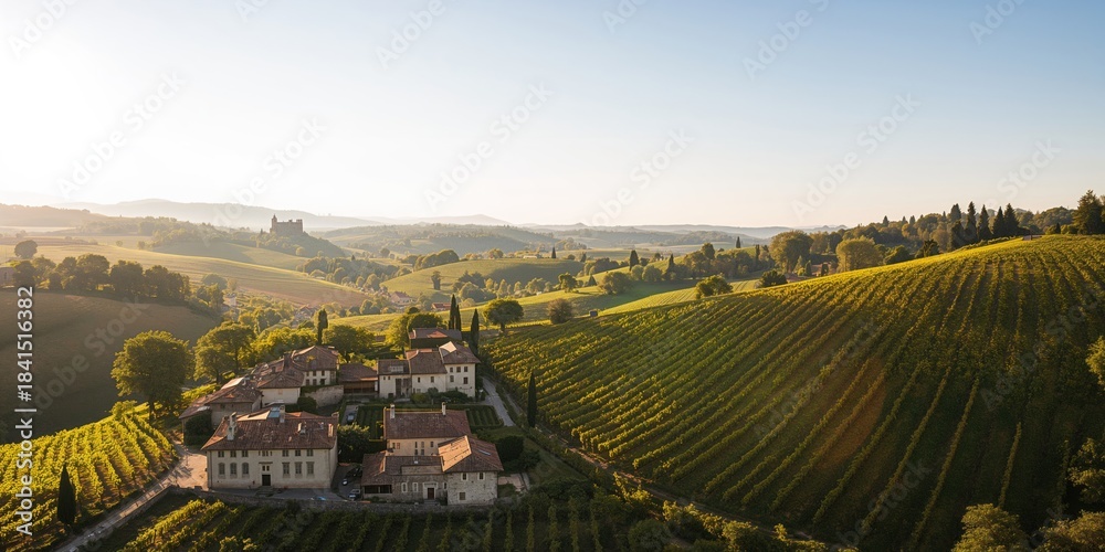 Fototapeta premium Medieval town in Piedmont from above during summer, scenic landscape with hills, agriculture, and historic buildings, tourism, seasonal change