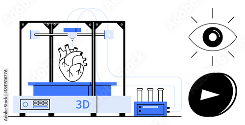 Medical innovation, organ regeneration, bioprinting, healthcare research, 3D modeling, futuristic science. A 3D printer creates a human heart model with lab equipment. Medical innovation