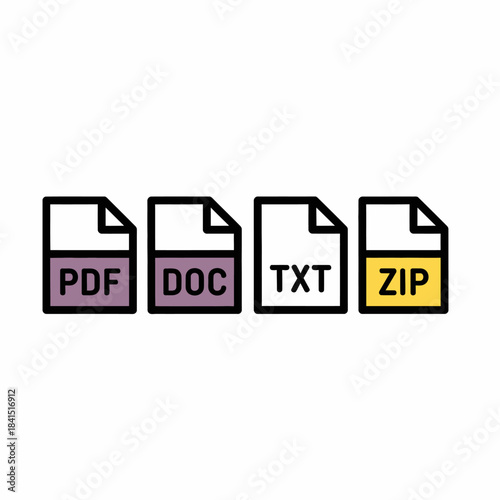 Colorful Vector Icons Representing Different Digital File Formats and Types.