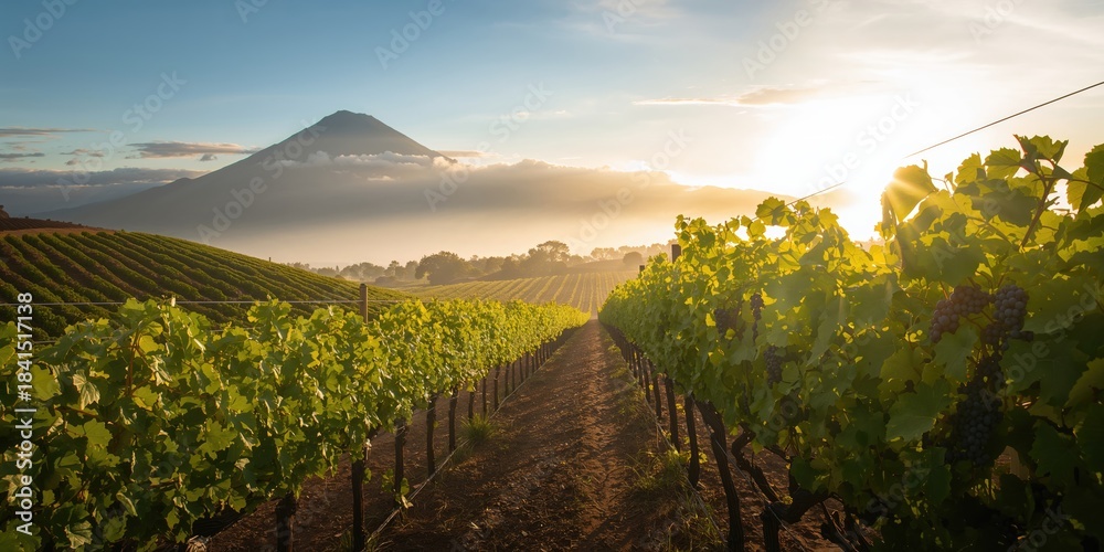 Fototapeta premium Vineyard landscape in Tenerife viewed from above, seasonal grape harvest timing