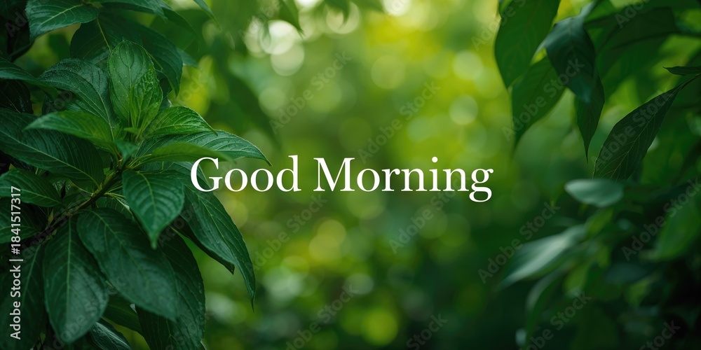 Naklejka premium Morning greeting on a leafy green background, designed for motivational messages