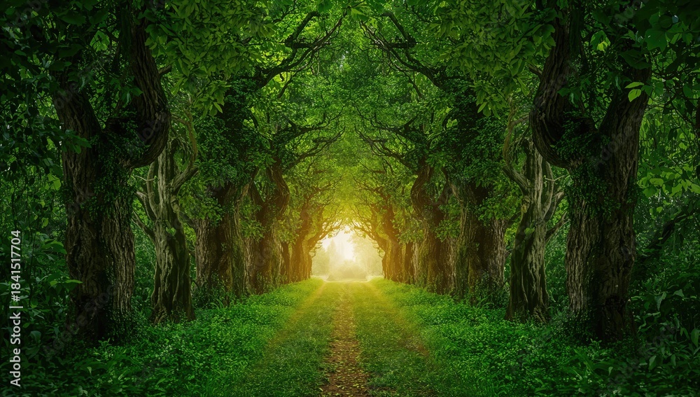 Obraz premium Tree-lined passageway with dense foliage opening to sunlight, ideal for environmental conservation campaigns