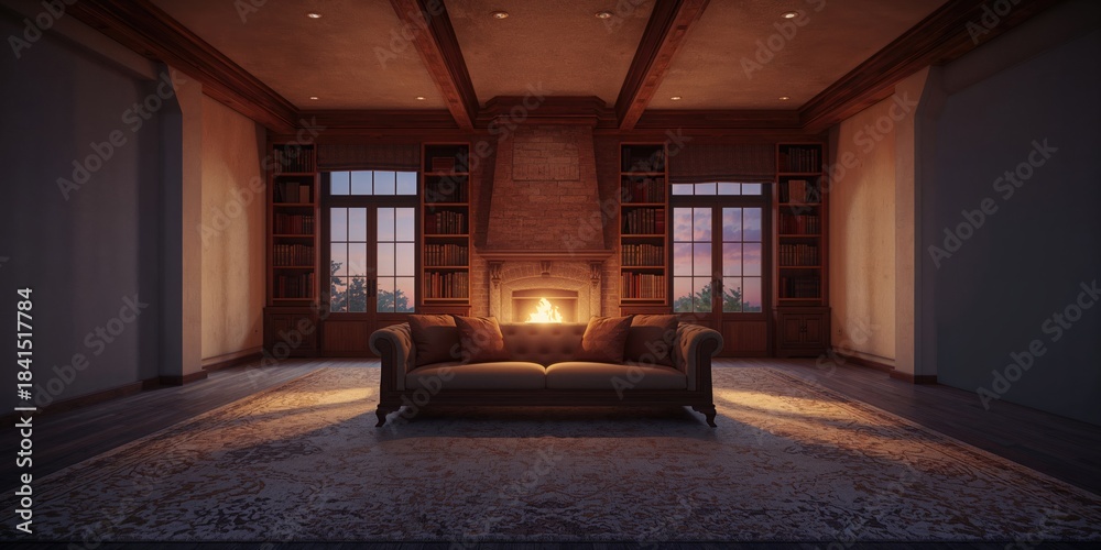 Obraz premium A home lounge featuring a fireplace and bookshelf, suitable for layout and decor planning
