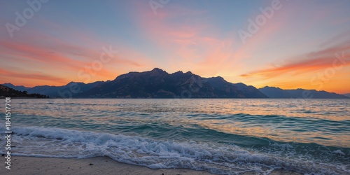 Fototapeta Naklejka Na Ścianę i Meble -  Mountain range with clear sky and water, scenic landscape for travel or tourism purposes