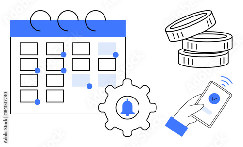 Payment due dates, financial planning, reminders, scheduling, automation, mobile notifications. A calendar, coins and a phone with a tick mark. Payment reminders and financial planning concept