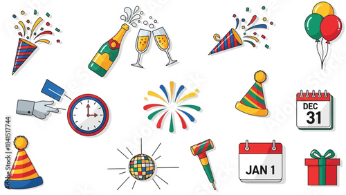 New Year Celebration Icons Set With Party Elements.