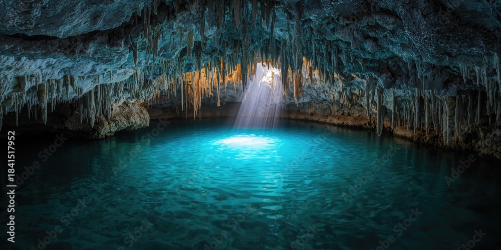Naklejka premium Crystal clear water in Cenote XKeken in Dzitnup village near Valladolid, natural erosion and seasonal mineral deposits