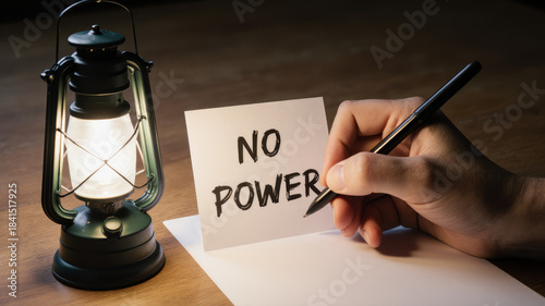 Handwriting no power on paper next to lantern during blackout emergency indoors