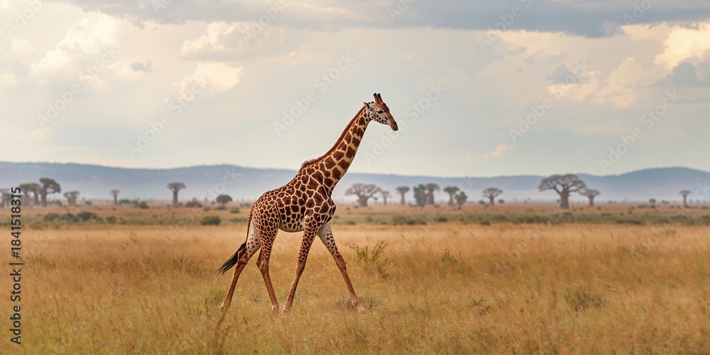 Obraz premium Giraffe in an open savanna during dry season, highlighting seasonal wildlife habitat