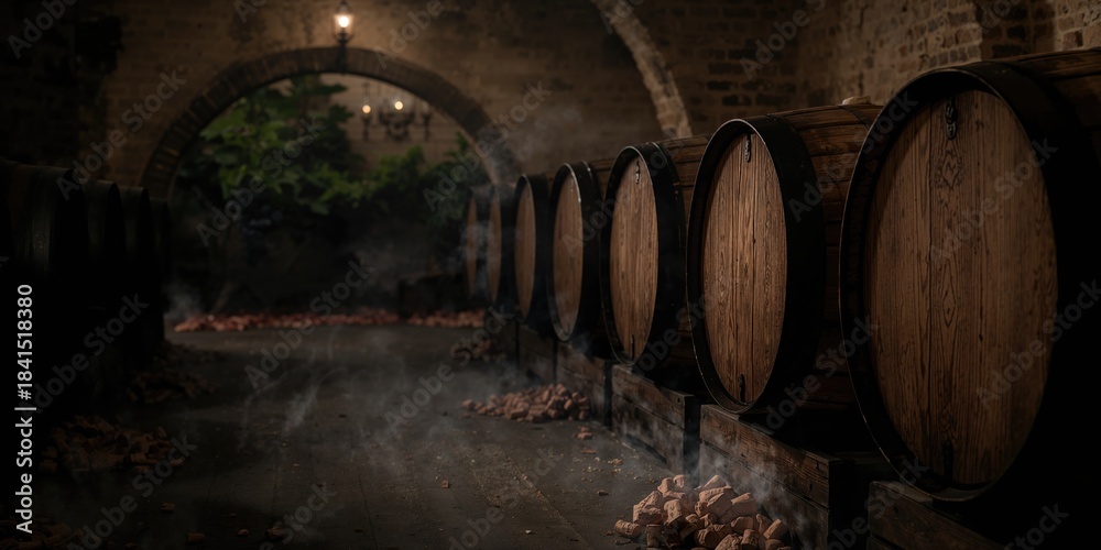Fototapeta premium Row of wine barrels used for aging wine, fermentation process, World Malaria Day