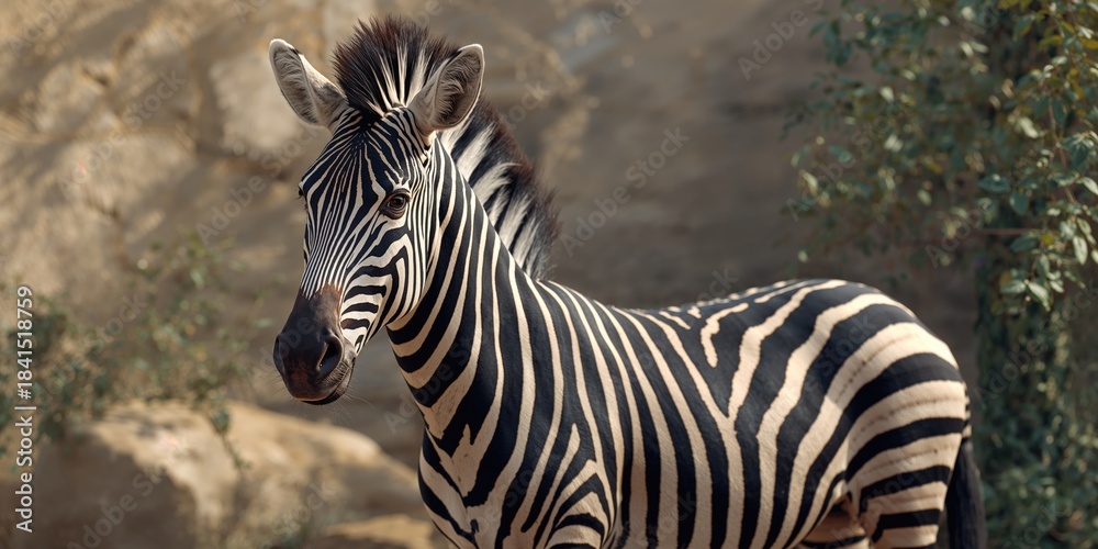 Obraz premium Zebra within an animal habitat, highlighting its distinctive black and white stripes for animal behavior study