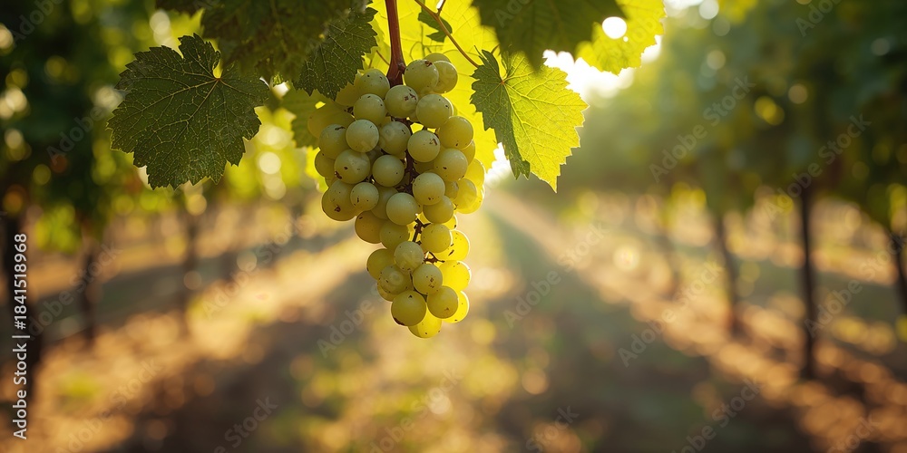 Obraz premium Sunlit soil and lush green grapevine leaves encircle low-hanging grapes in a vineyard, highlighting harvest season