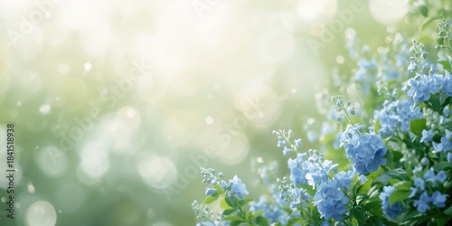 Natural light illuminating blue flowers and green foliage, ideal for nature-themed layouts or floral backgrounds