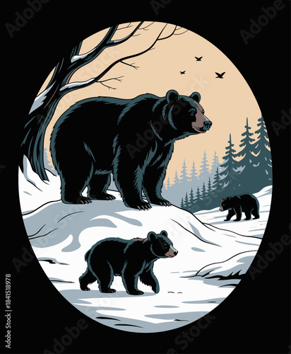 A snowy winter forest scene with three black bears.