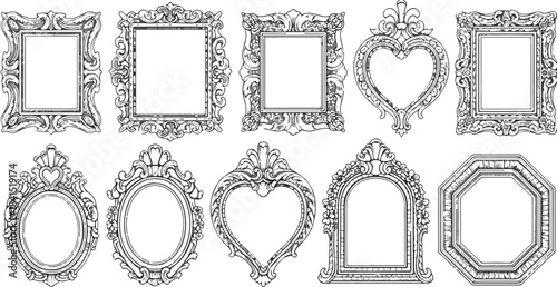 Collection of decorative ornate picture frames in various shapes