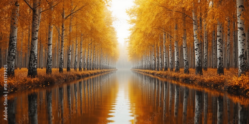 Obraz premium Calm water reflecting a line of yellowed birch trees during autumn, seasonal transition
