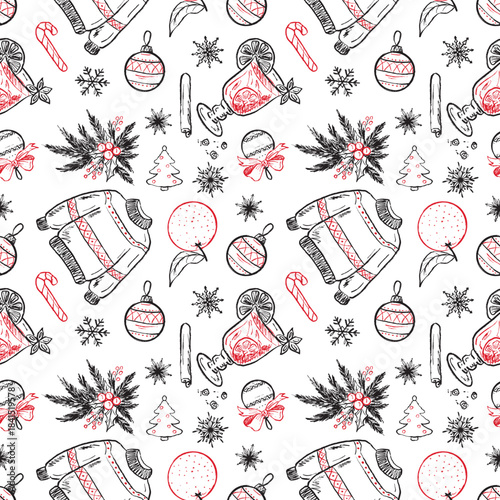 Hand drawn winter New Year seamless pattern. Christmas decorations for wrapping paper, textile with warm sweater, mulled wine. Vector sketch illustration in vintage crayon charcoal style