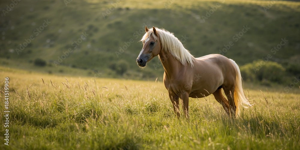 Fototapeta premium Palomino horse in a grassy meadow, natural outdoor environment, rural landscape, and equine activity