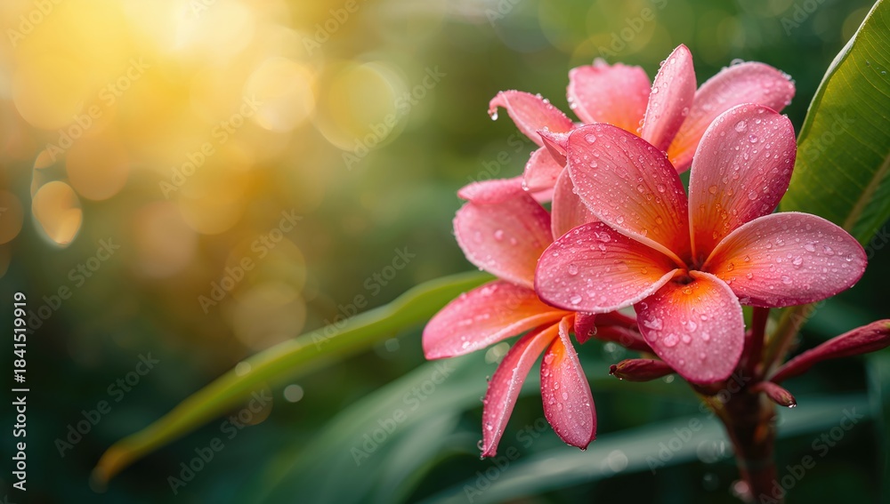 Fototapeta premium Detailed view of pink frangipani blossoms, suitable for floral decor and nature-themed layouts