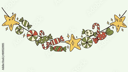 Colorful cartoon candy and star garland on string with sparkles