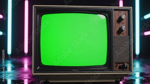 Vibrant signal hums through green with vintage 80s tv with green effect green screen style featuring green screen, vintage tv, retro