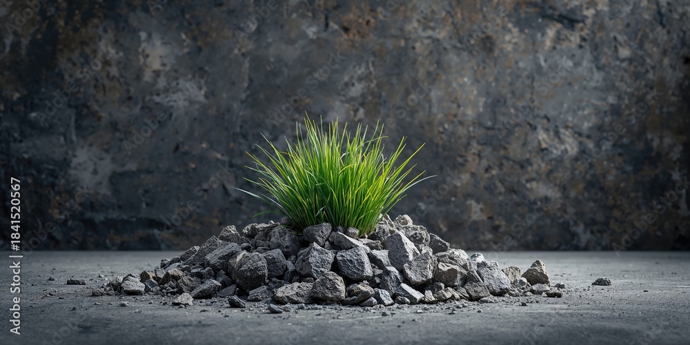 Naklejka premium Grass struggling to grow among debris, erosion risk in urban landscapes