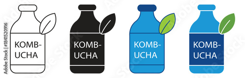 Kombucha icon Set Multiple Style Collection. Kombucha homemade tea in bottle isolated on white background, Vector illustration.
