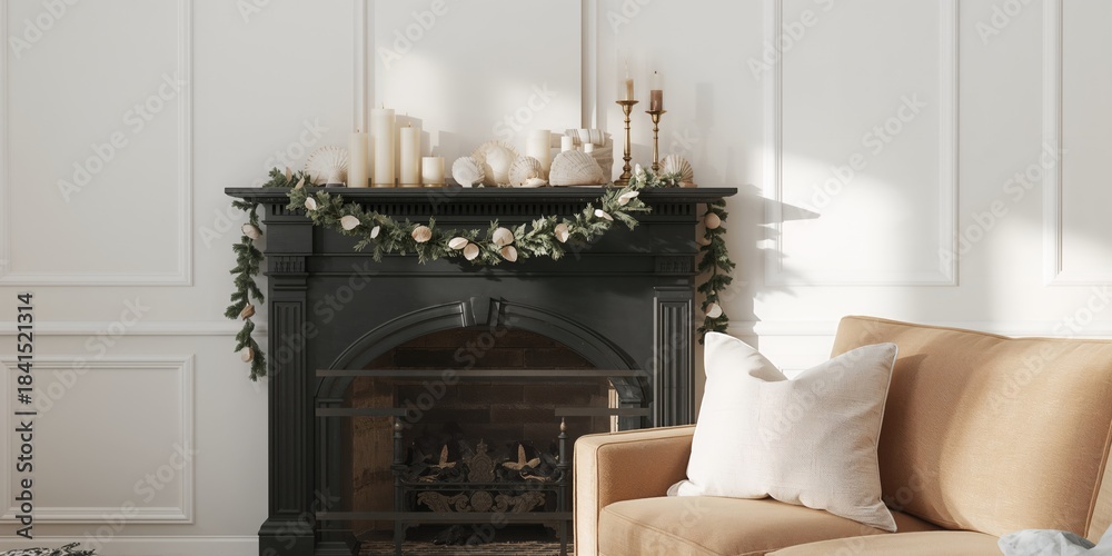 Obraz premium Fireplace corner with brick surround, warmth and home interior design, seasonal awareness day