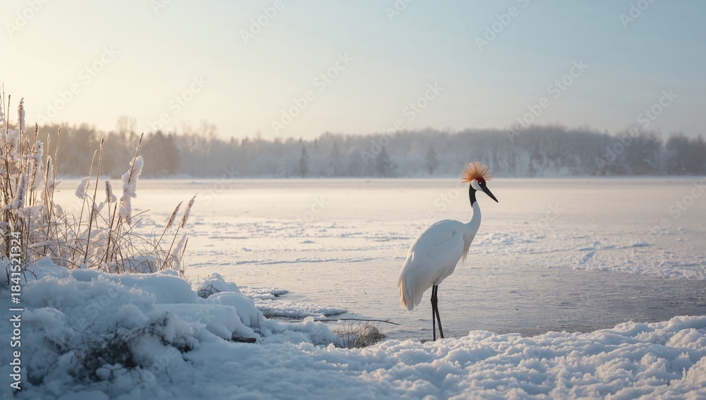 Fototapeta premium Observing a red-crowned crane in the wild, highlighting conservation efforts