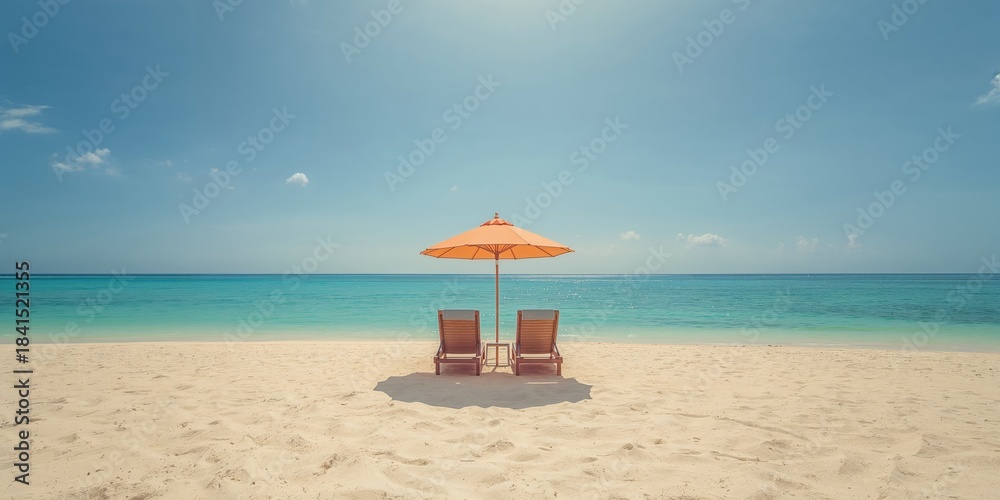 Naklejka premium Lounge chairs with sun umbrella on a beach water, sky, beach, summer, travel, nature, sun, white, sea, blue, relaxation setting