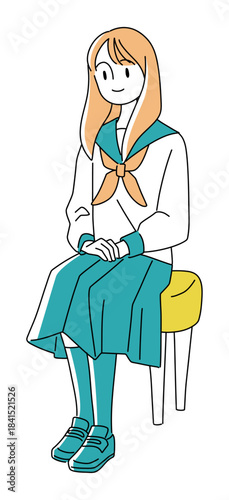 セーラー服の女子学生・座りポーズの人物イラスト（学校・教育・日本文化）