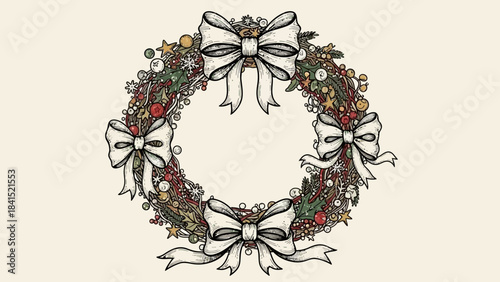 Festive holiday wreath with white bows and ornaments on cream background