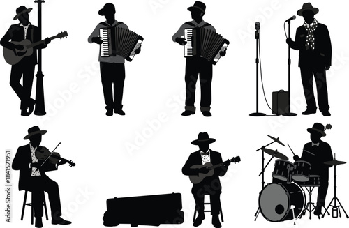Silhouettes of diverse musicians playing guitar, accordion, violin, drums, and singing, vintage band performance illustration for music, concert, entertainment themes