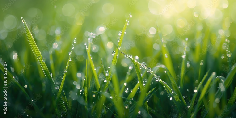 Naklejka premium Dew drops on grass blades, macro shot natural moisture and freshness, Earth Day