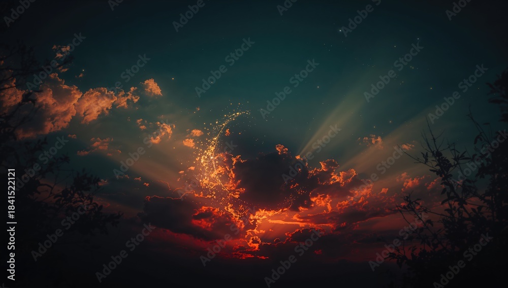 Naklejka premium Sunset behind a beautiful crescent moon and dark clouds creating a tranquil evening scene for Ramadan prayer time, New Moon