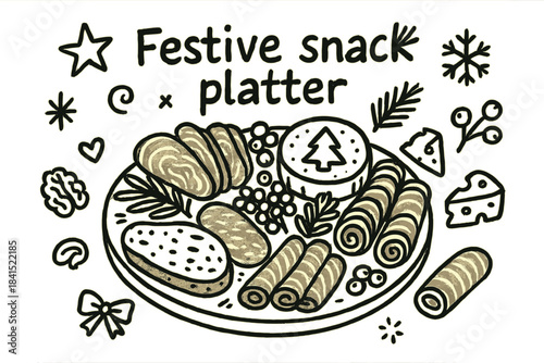 Festive Snack Platter. Festive snack platter. Hand-drawn doodle illustration of Festive snack platter. Central