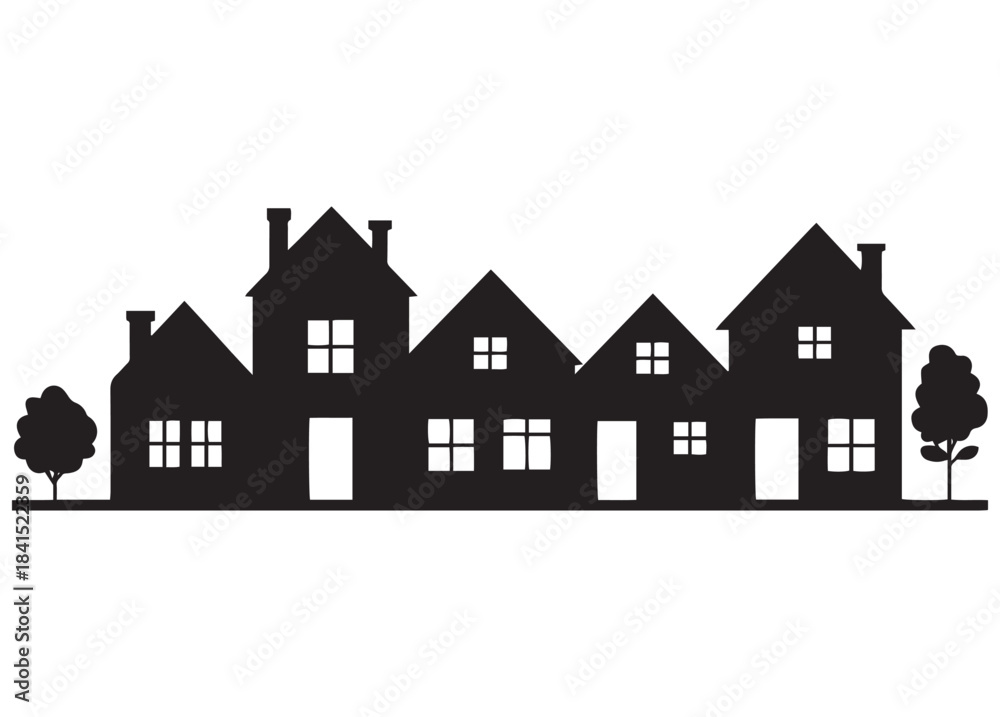 Fototapeta premium Silhouette of a row of charming houses with trees on a white background