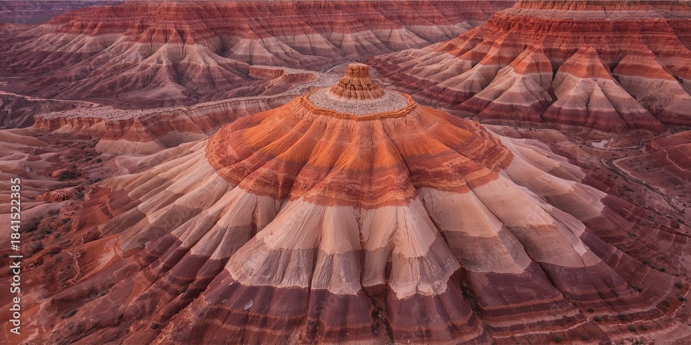 Obraz premium Bird's-eye perspective of vibrant sedimentary rock layers in the Painted Desert, Arizona, highlighting geological features and seasonal change