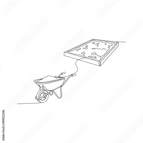 Continuous Lineart Wheelbarrow and Gardenbed Illustration for Gardening Project Design
