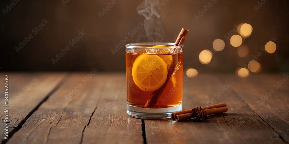 Naklejka premium Hot spiced Apple cider Toddy with lemon, honey and cinnamon stick in glass, warming beverages for seasonal comfort