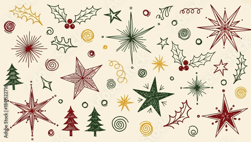 Vibrant christmas themed illustration with stars trees and holly on beige background for holiday designs