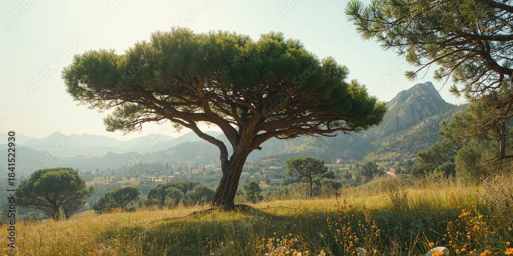 Naklejka premium Tall cedar tree in mountain forest emphasizes seasonal change, nature photography