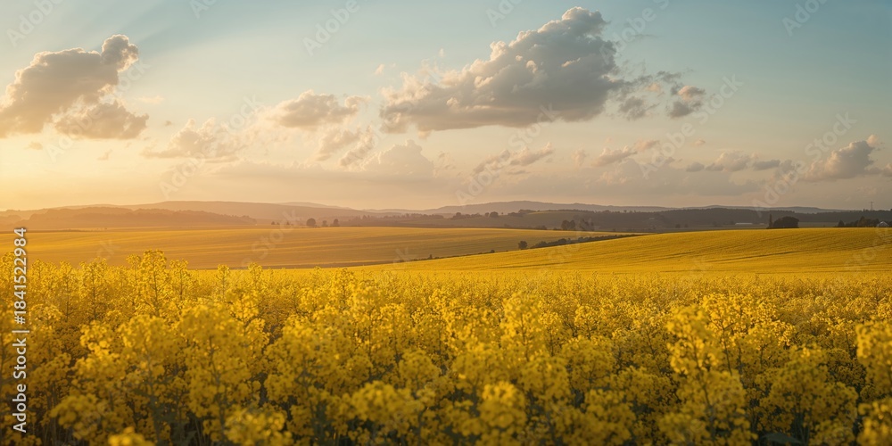 Naklejka premium Rural landscape with flowering rapeseed crops at sunrise, seasonal agricultural growth