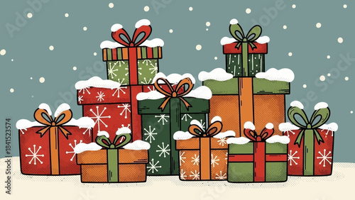 Colorful presents stacked with snow on top during winter snowfall