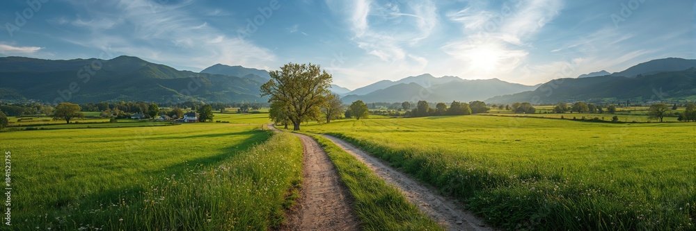 Naklejka premium Mountainous scenery with a rural dirt road and expansive sky, suitable for travel and exploration