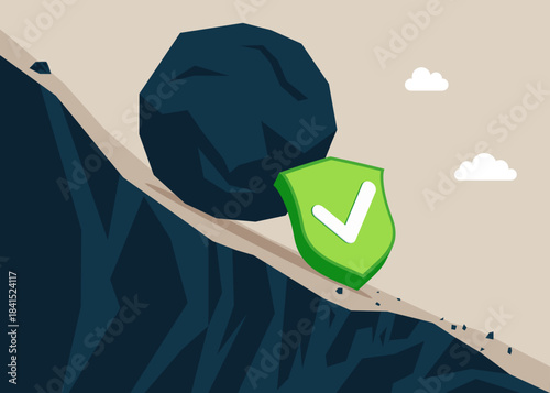 Green shield with check mark holds huge stone up the hill. Business problem crisis hardship and burden concept. Flat vector Illustration.