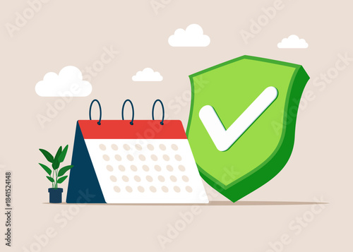 Calendar and green shield with check mark. Slavery. Working day no days off, no sick leave, no vacation. Flat vector illustration.